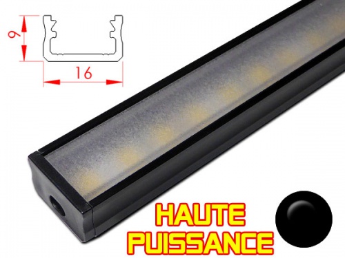 Réglette LED plate Haute Puissance - 16x9mm - Noire + Alimentation 12V