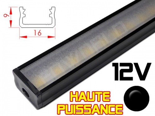 Réglette LED plate Haute Puissance16x9mm - Couleur noire Camping Car/Utilitaire 12V