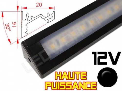 Réglette LED Inclinée 30° Haute Puissance 20x16mm - Couleur Noire Camping Car/Utilitaire 12V