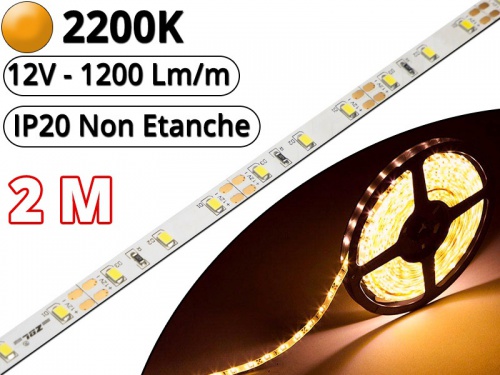 Ruban Led Pro 12V Blanc Extra Chaud 2200K-2 mètres-IP20-alimentation