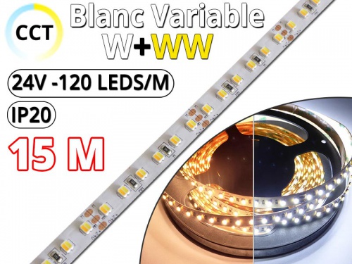 Ruban Led bichromatique Blanc variable CCT (W+WW) Pro - 10 Mètres 10M- IP20 - 24V