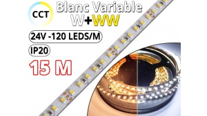 Kit Ruban LED Blanc Variable CCT (W+WW) Pro 15 Mètres - 24V - 120L/M - IP20